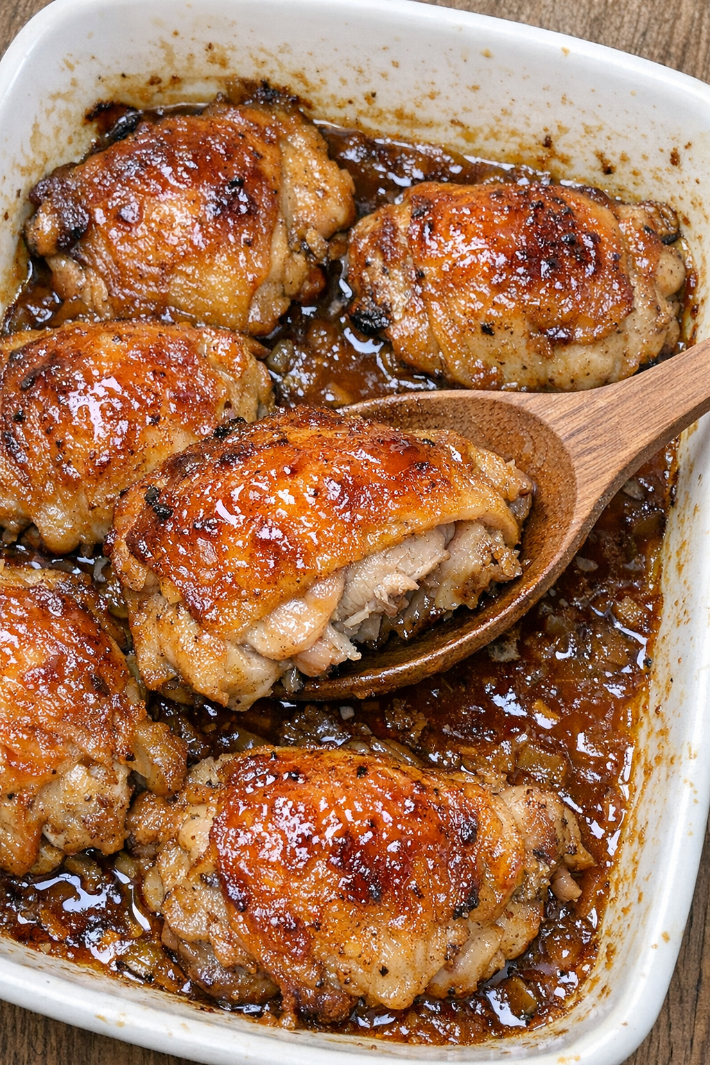 Golden brown chicken thighs in a white casserole dish