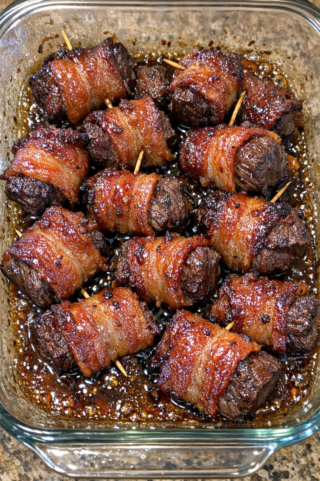 Oven baked beef bacon bites in a glass casserole dish