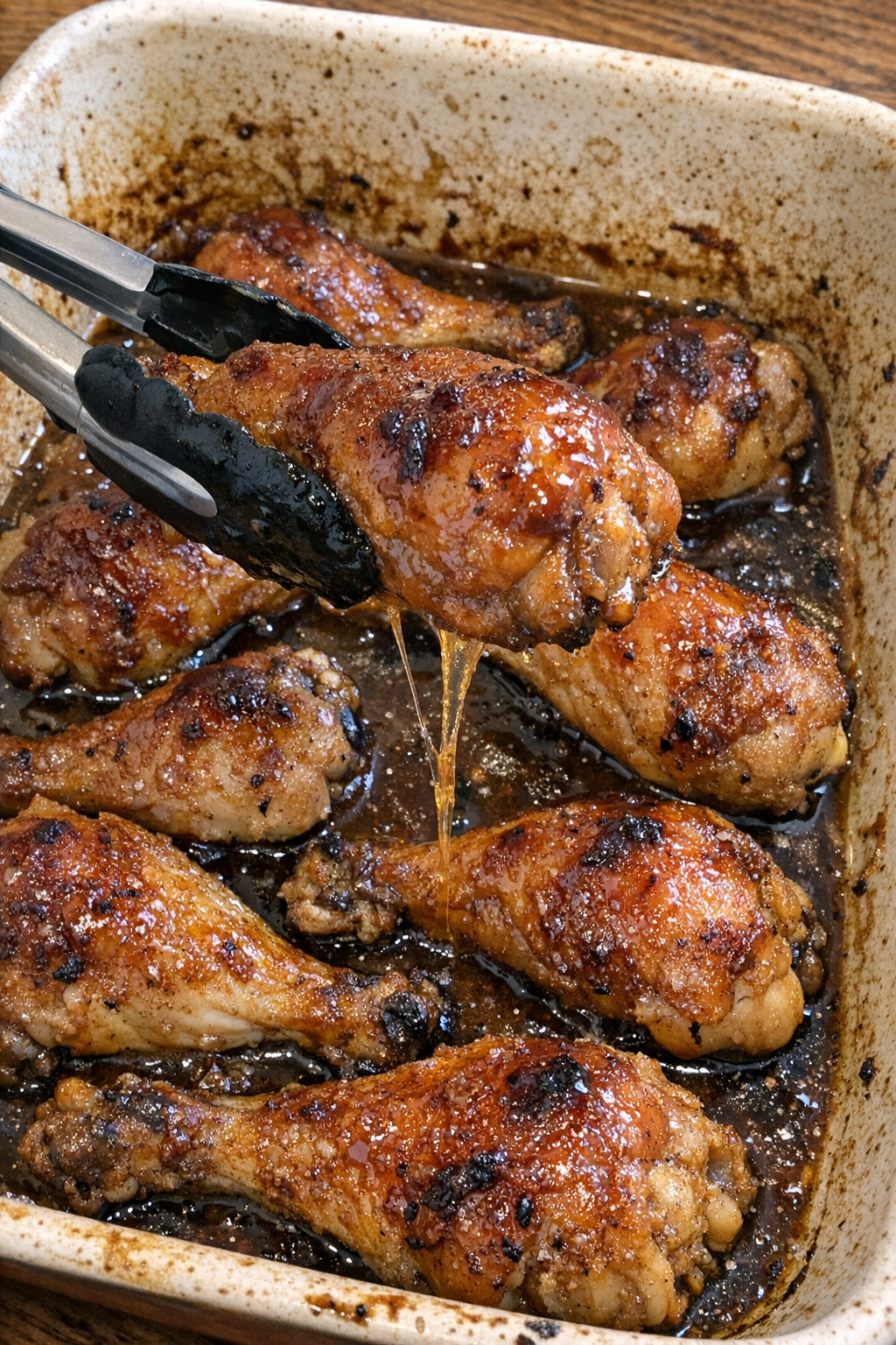 Fork-tender glazed chicken drumsticks in baking dish