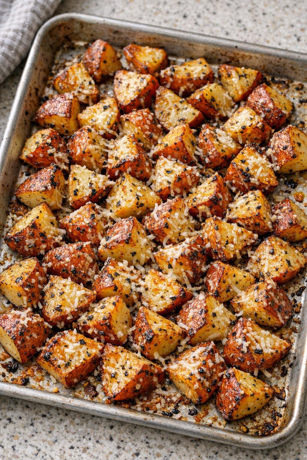 Finished zesty Italian roasted red potatoes with Parmesan on a sheet pan