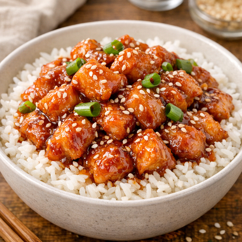 Finished firecracker chicken plated over rice