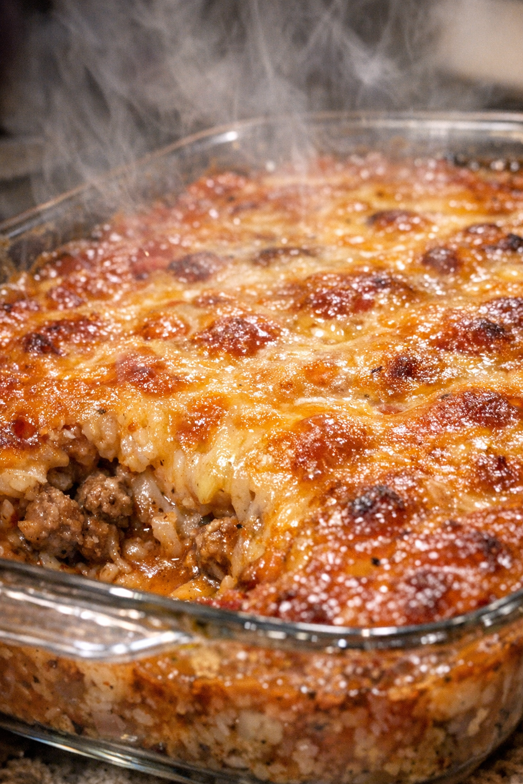 Bubbling savory bake in a glass dish