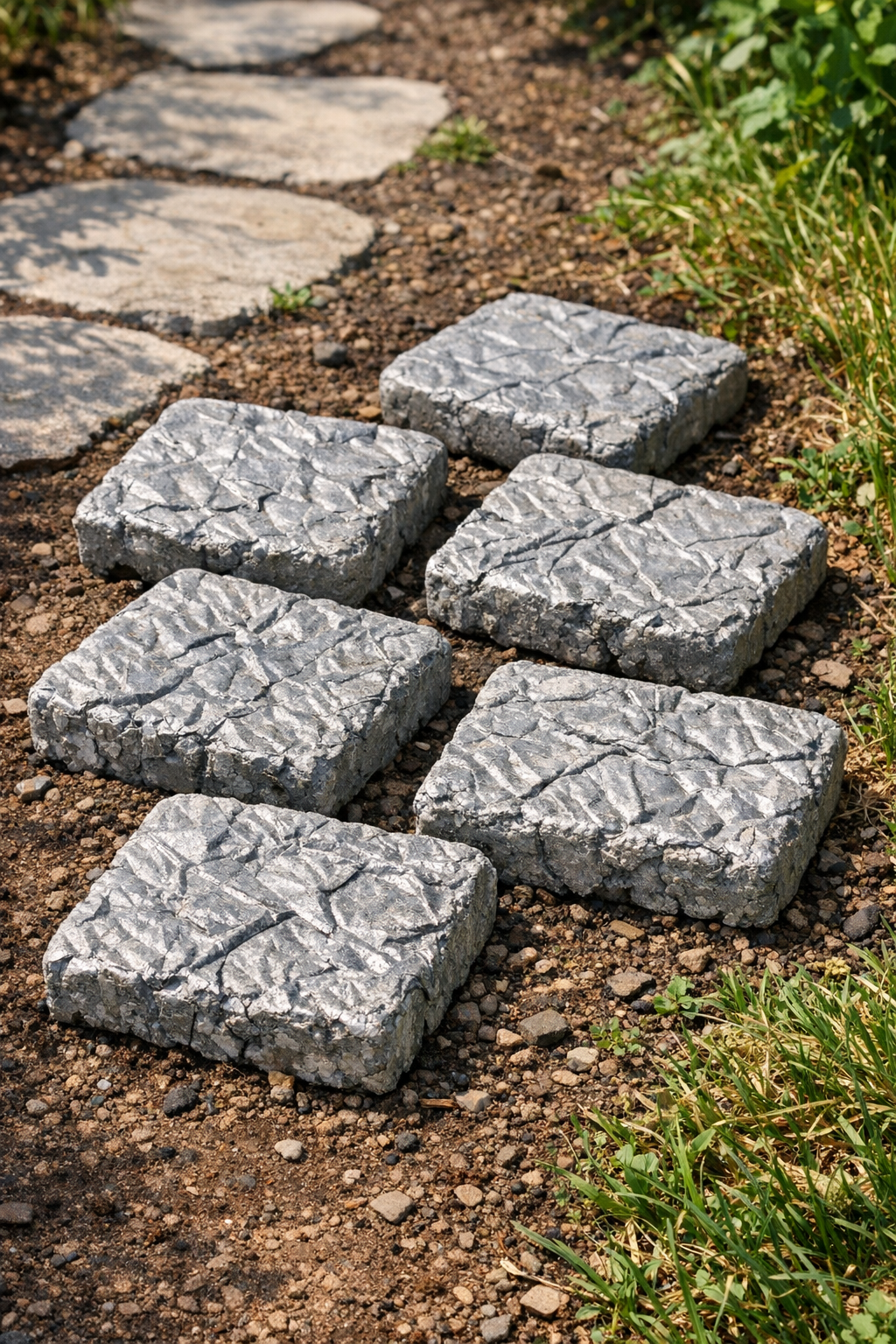 Finished heavy crinkled patio blocks made from foil roasting pans and cement