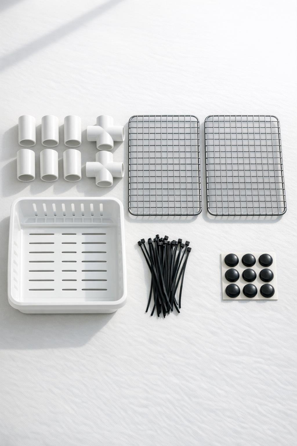Materials laid out for a DIY seed-saving drying rack