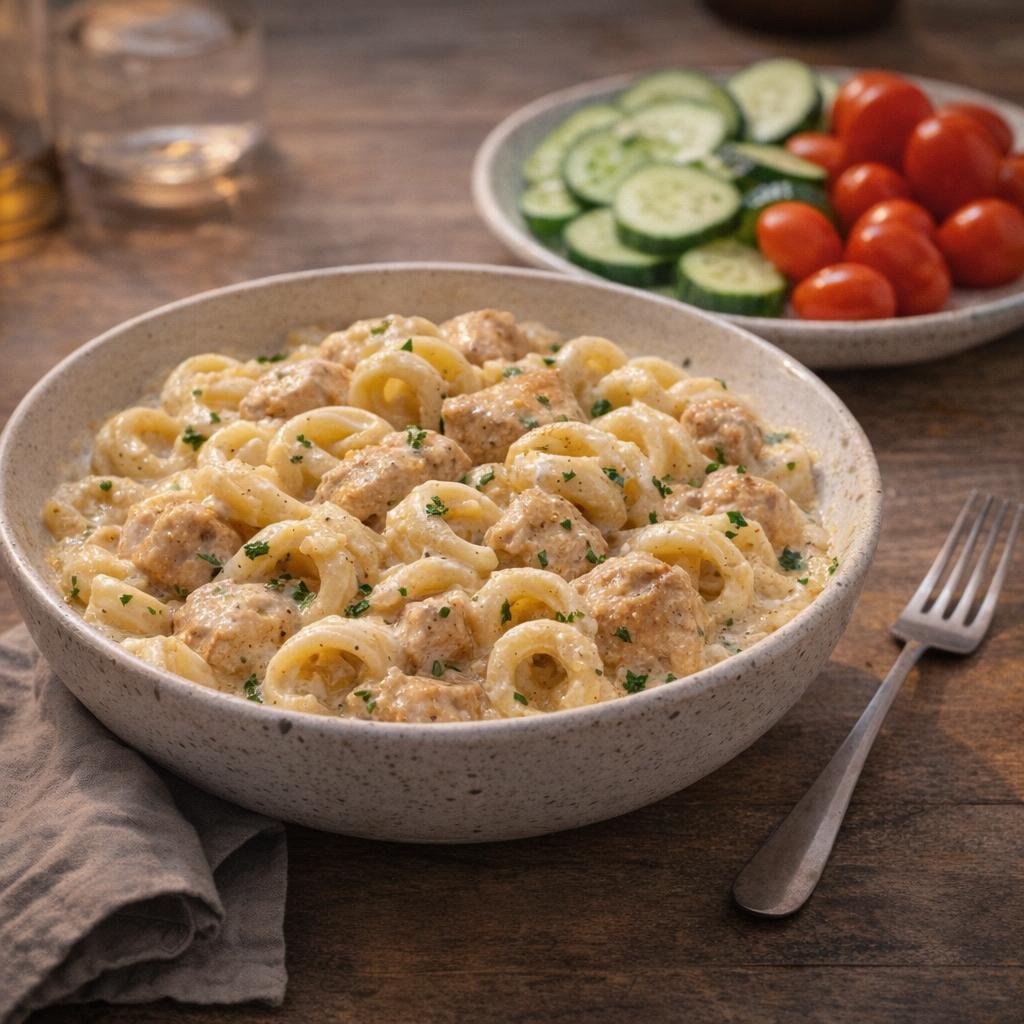 Creamy pasta with simple side vegetables