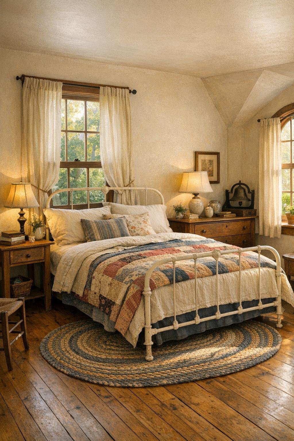Quiet cottage bedroom with layered quilts and soft natural colors
