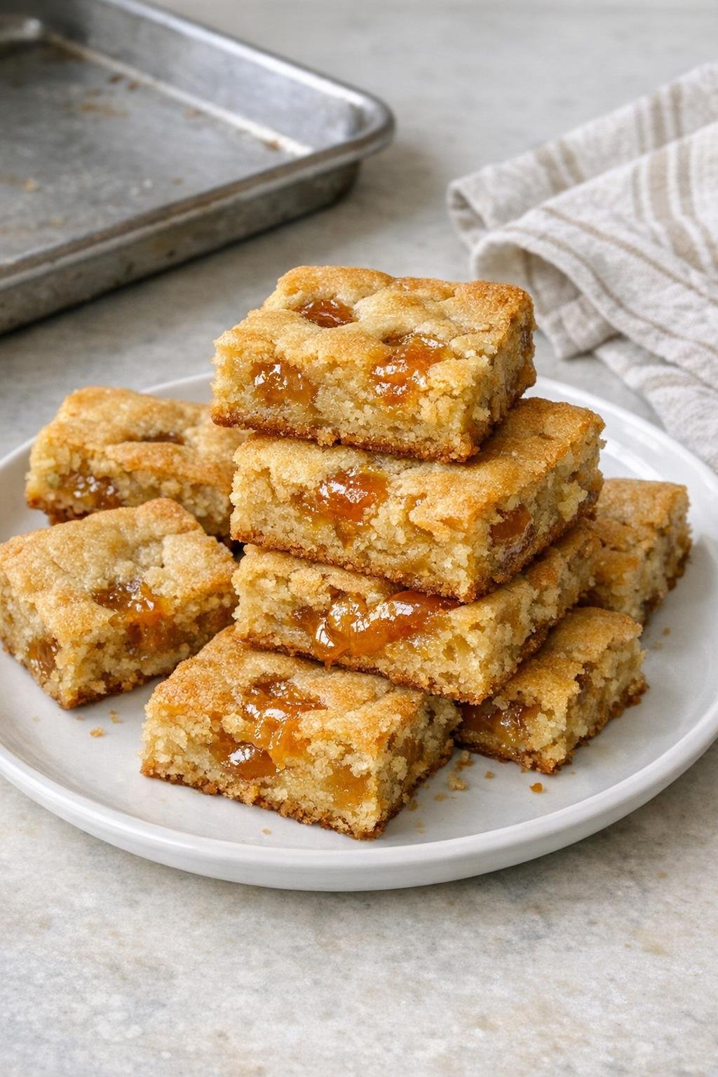 Finished honey taffy blondie bars on a simple plate