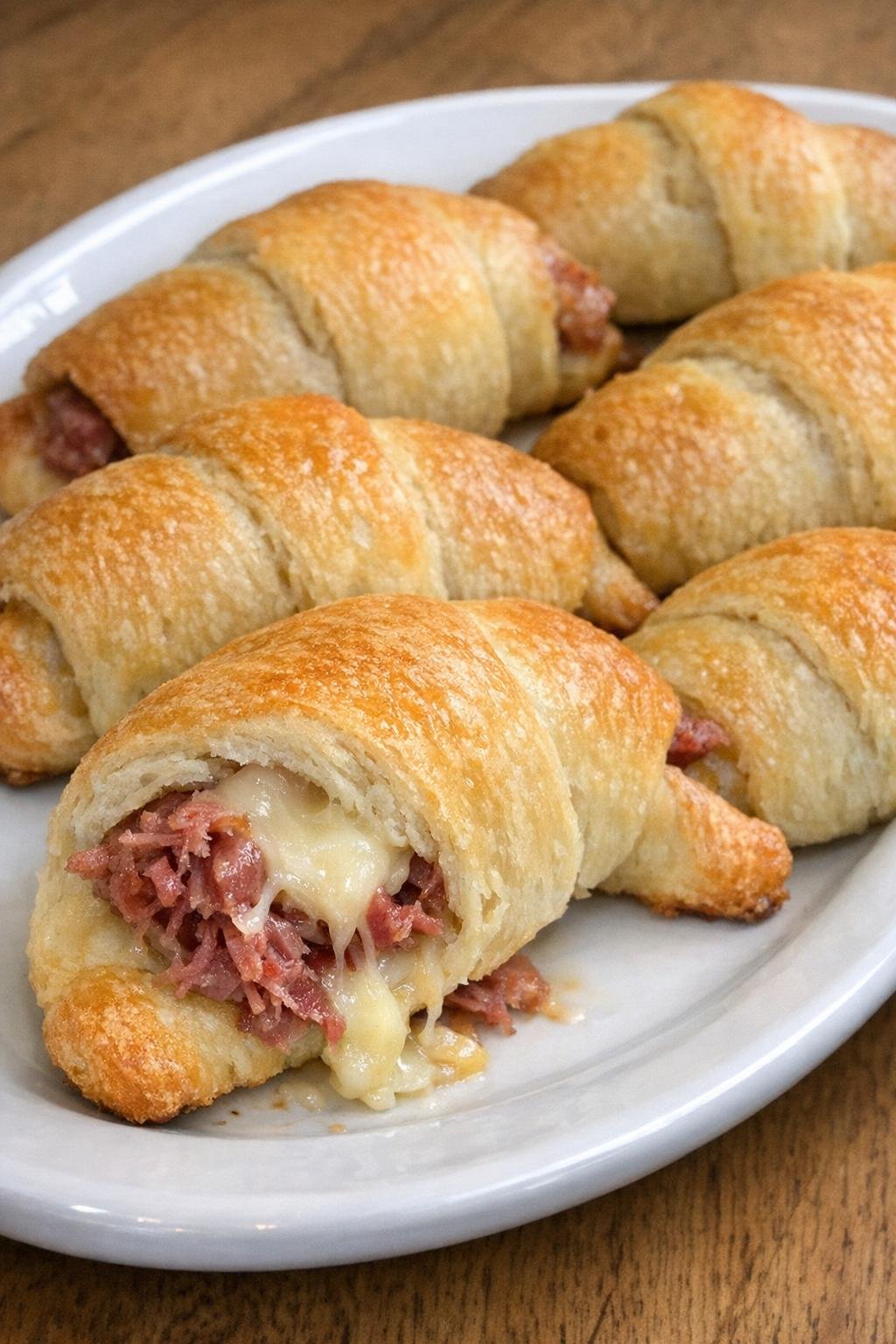 Golden brown crescent rolls filled with corned beef and melted fontina on a white platter