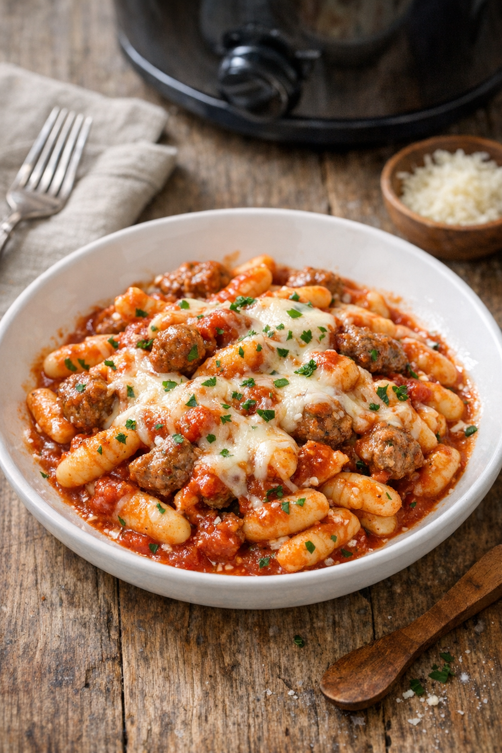 Finished slow cooker cavatelli plated in a bowl
