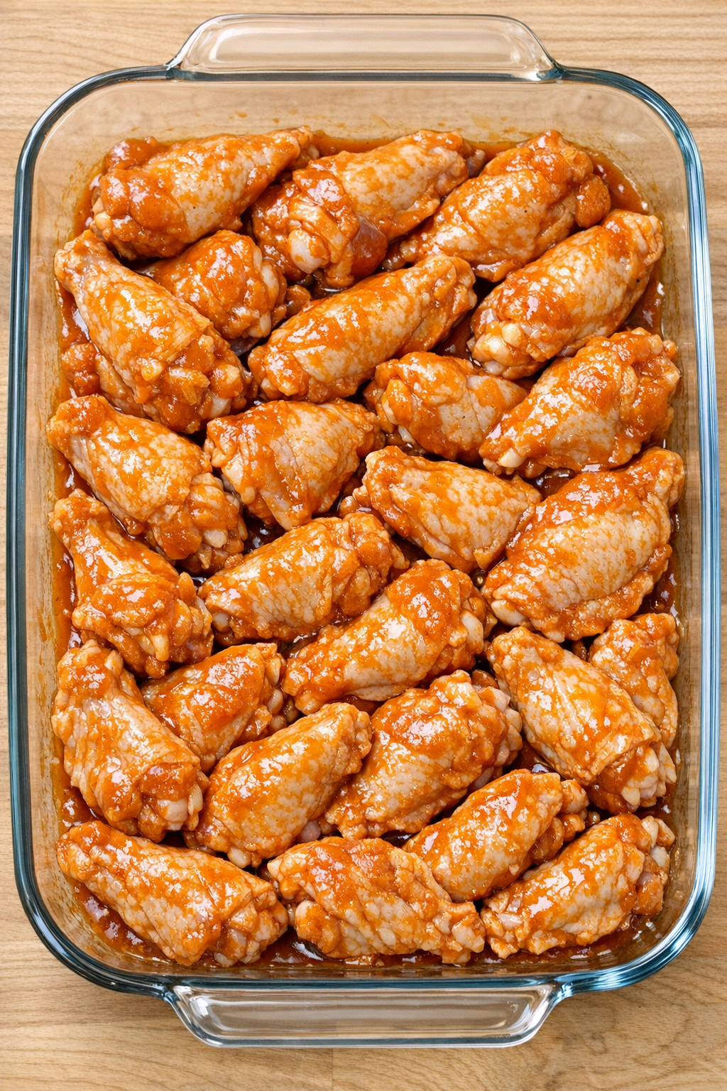 Chicken wings coated in sauce and arranged evenly in the dish
