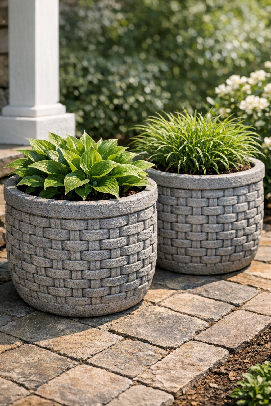 Finished woven-look cement yard planters made from laundry baskets