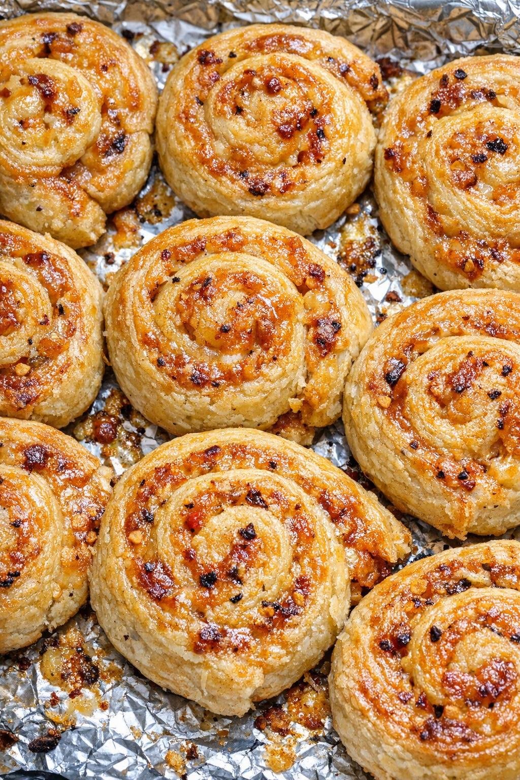 Southern 4-ingredient spicy cheddar pinwheels on a foil-lined baking tray