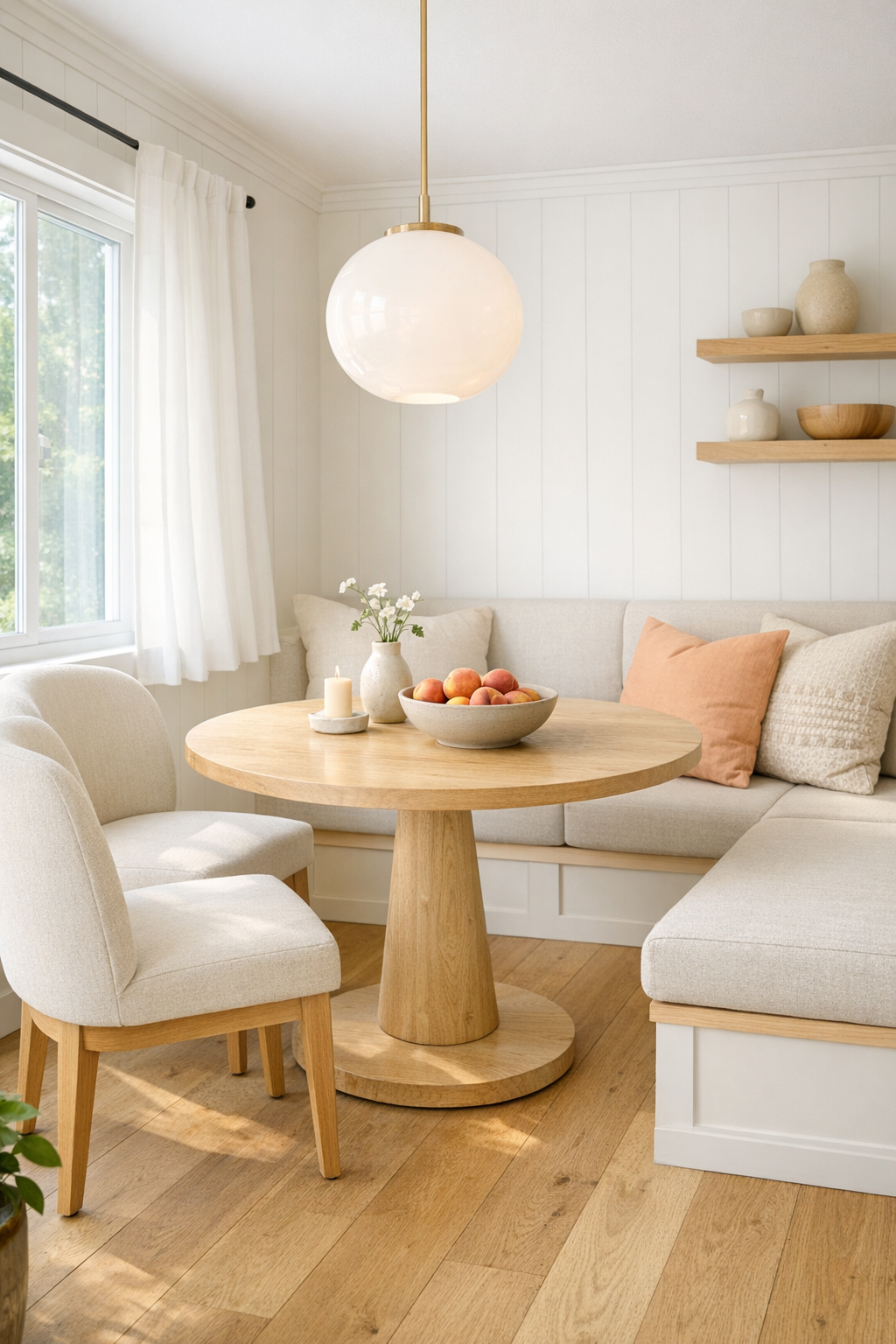 Accessible tiny home dining nook with round pedestal table and banquette