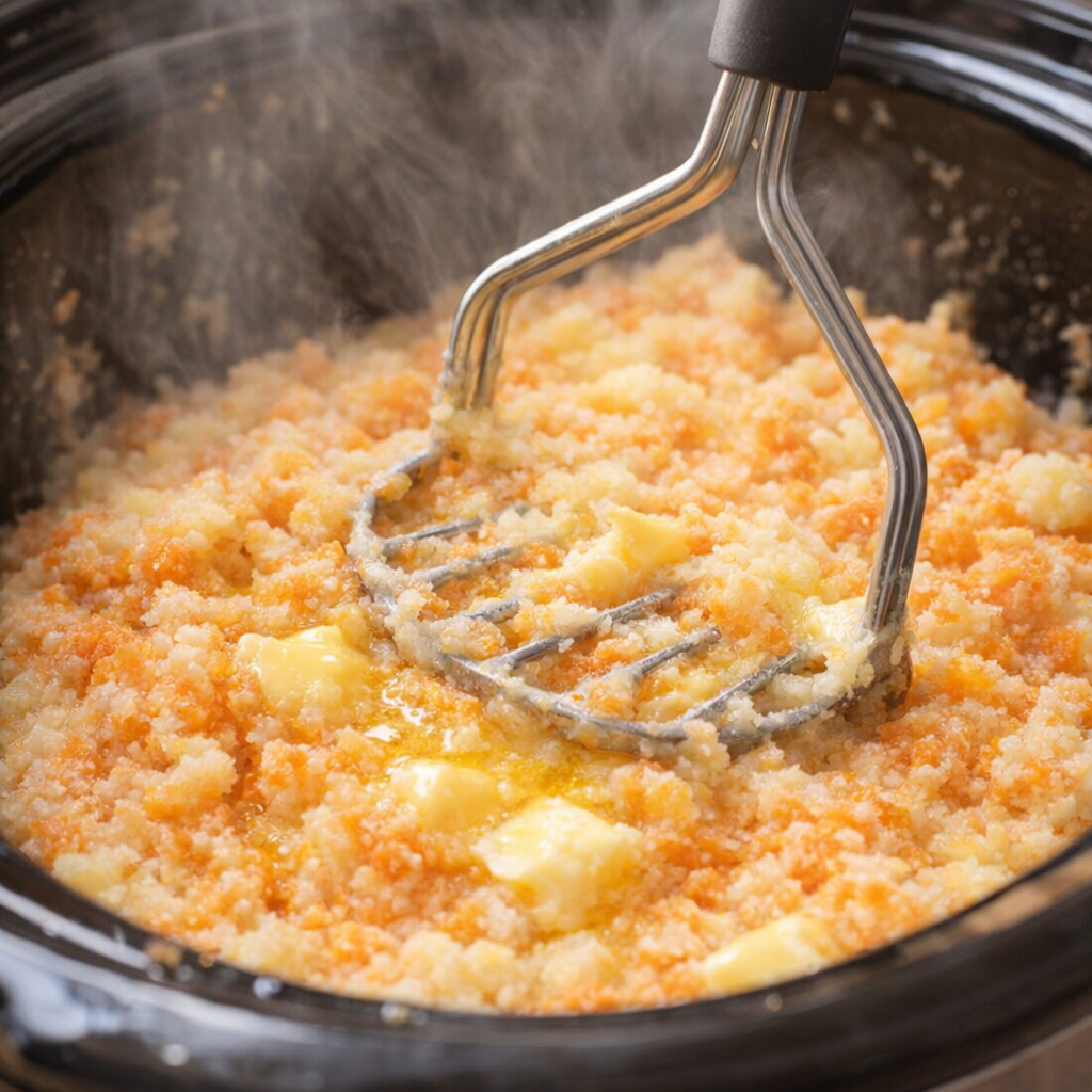 Mashed carrots and potatoes in the slow cooker crock