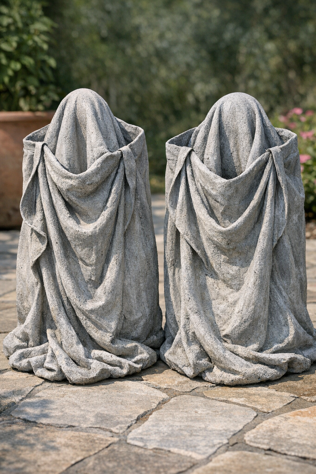 Two finished rigid draped cement yard forms made from canvas beach bags