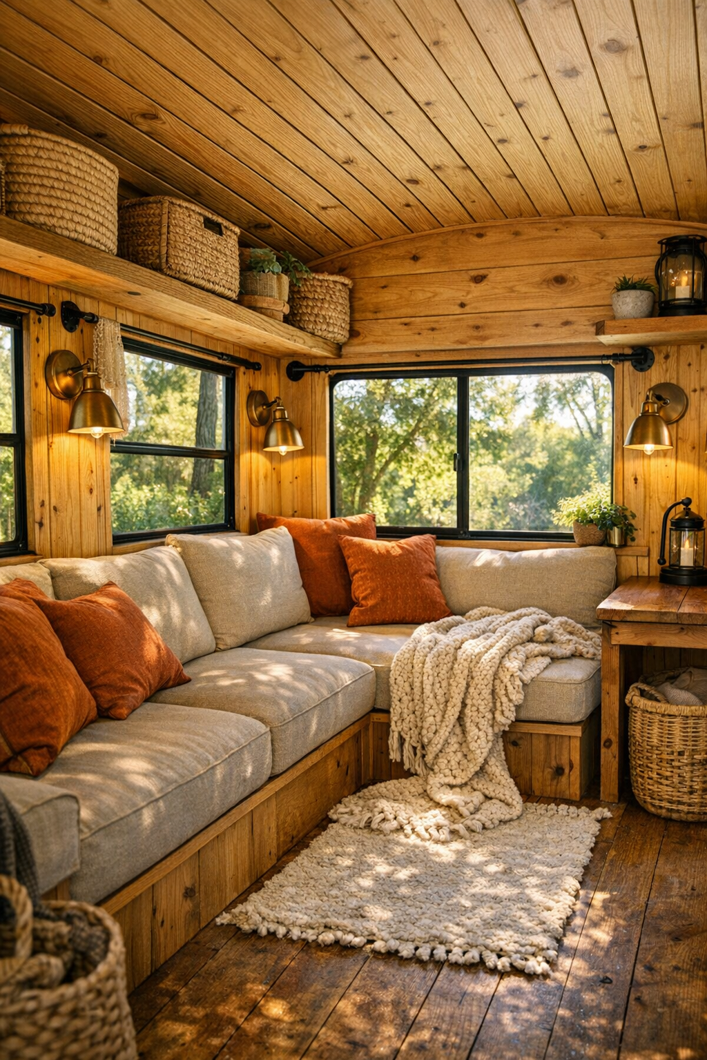 Rustic living room inside a converted bus with built-in bench seating and warm wood finishes