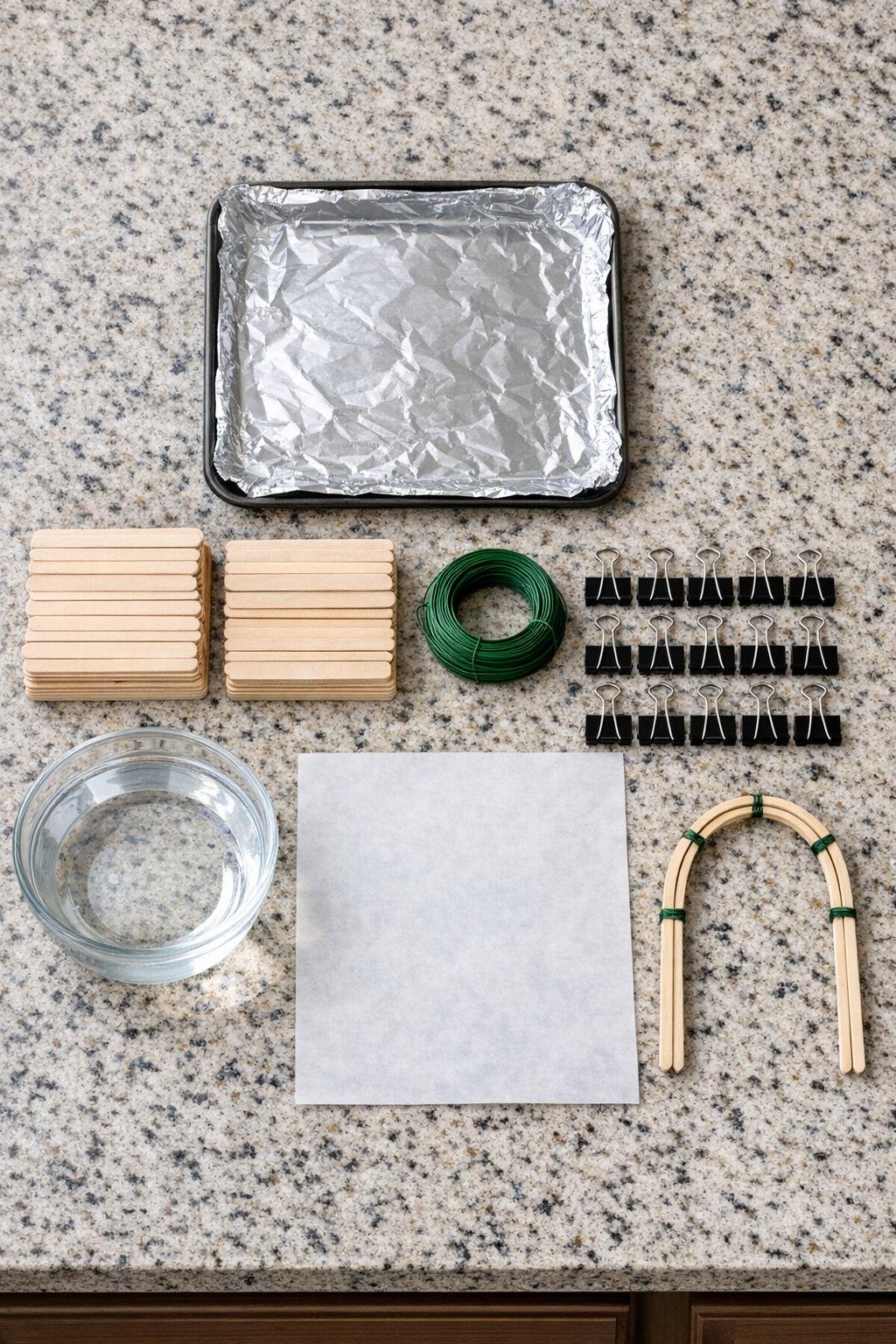 Popsicle sticks, floral wire, and binder clips laid out for the project
