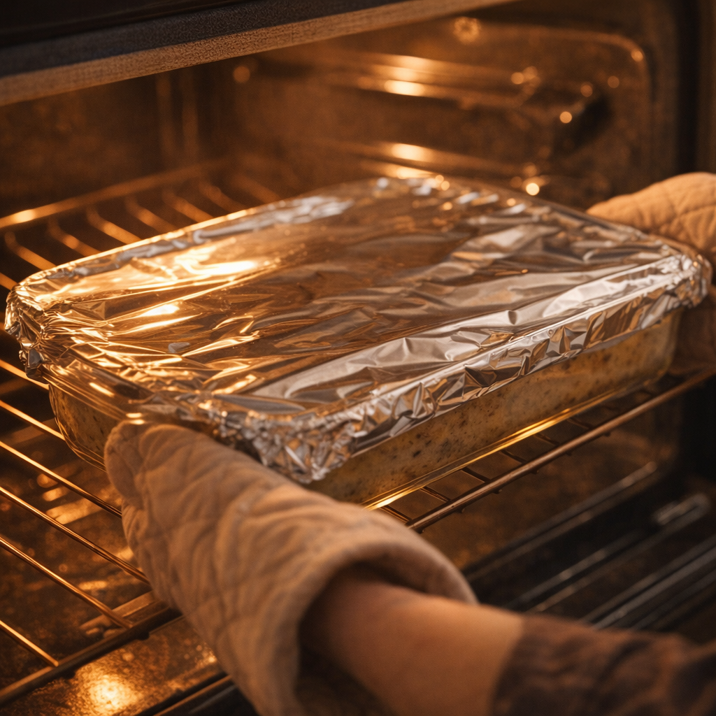 Foil-covered casserole dish ready to go into the oven