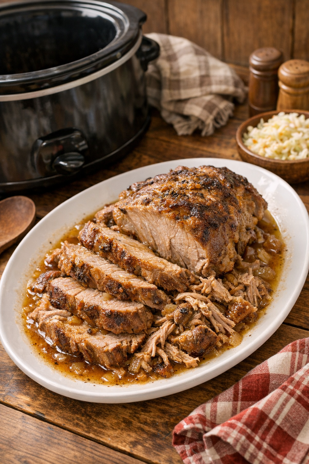 Finished slow cooker pork roast plated with its juices