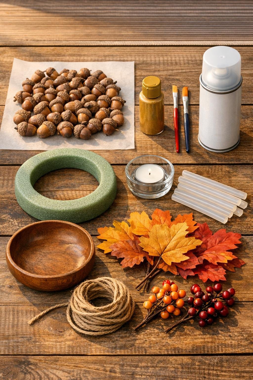 Autumn table scatter materials laid out neatly