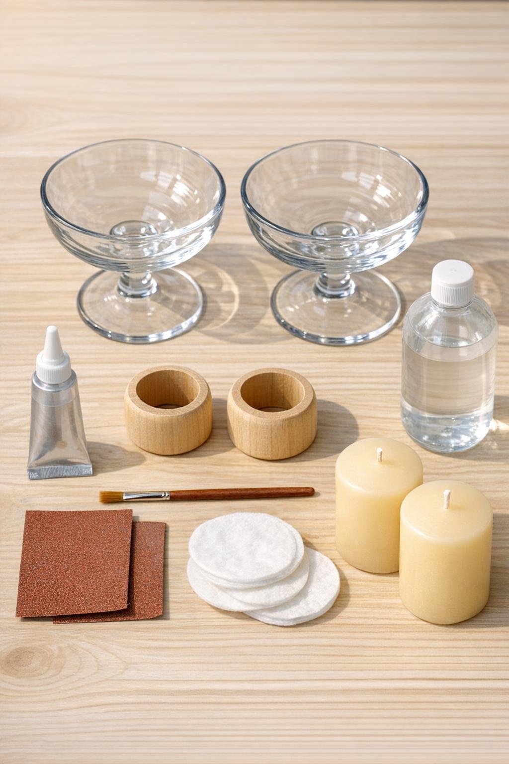 Materials for autumn candle pedestals laid out on a table