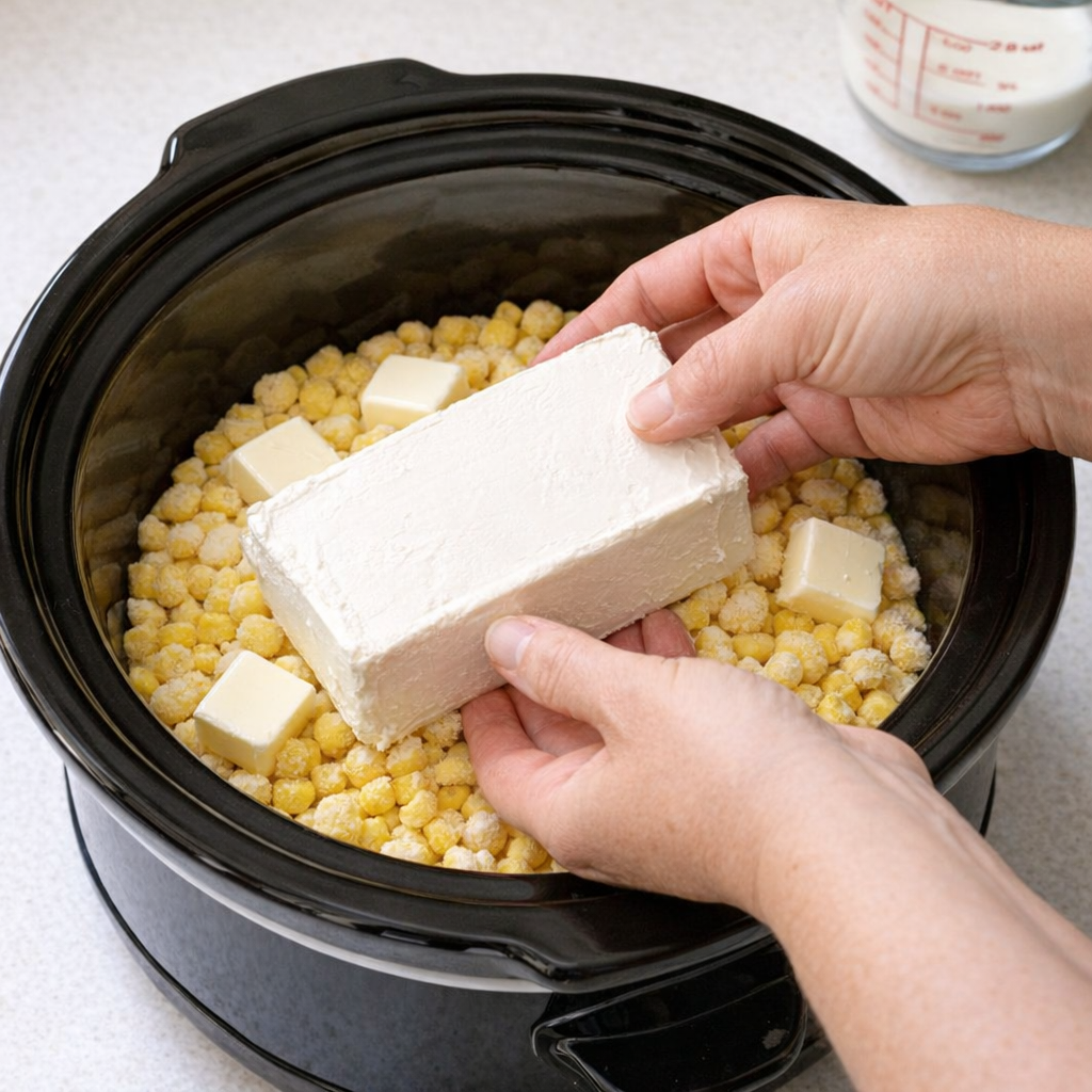 Hands placing cream cheese over corn in a slow cooker