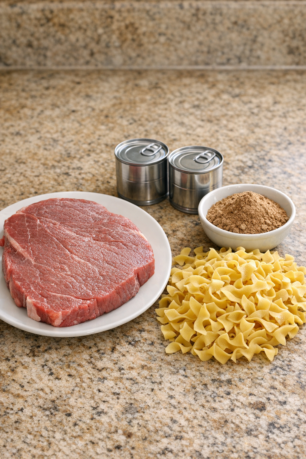 Round steak, evaporated milk, gravy mix, and egg noodles on a countertop