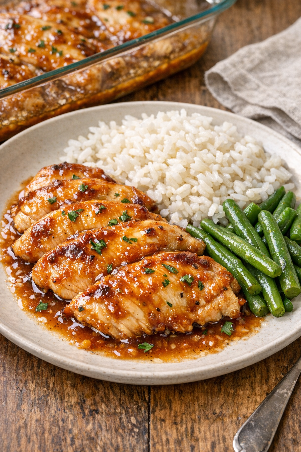 Baked saucy chicken plated with homestyle sides