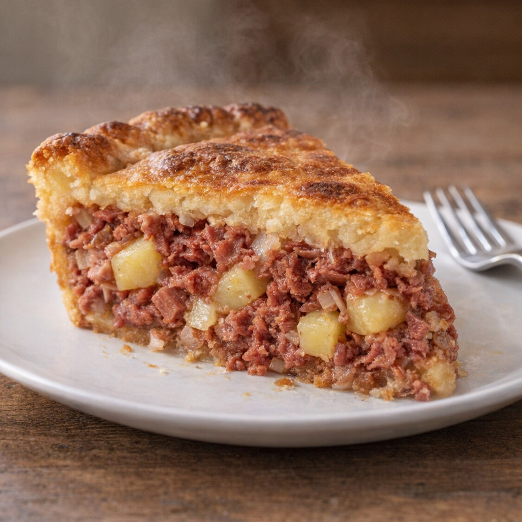 Slice of corned beef potato pie served on a plate