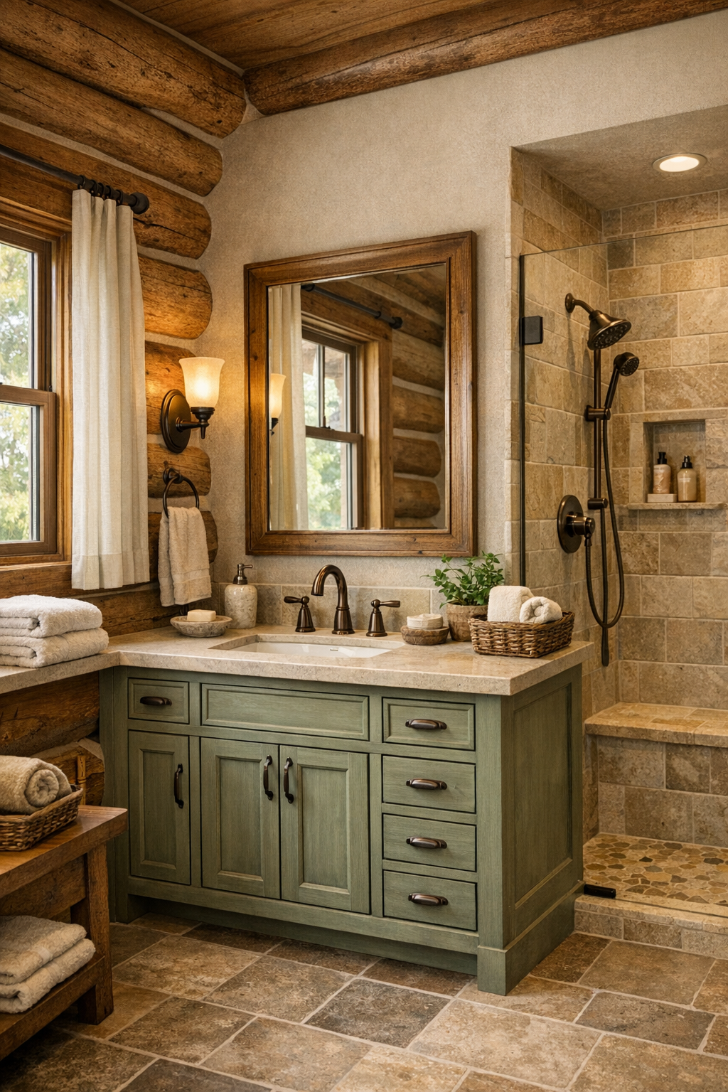 Bathroom with a rustic vanity, stone surfaces, warm metal fixtures, and a walk-in shower