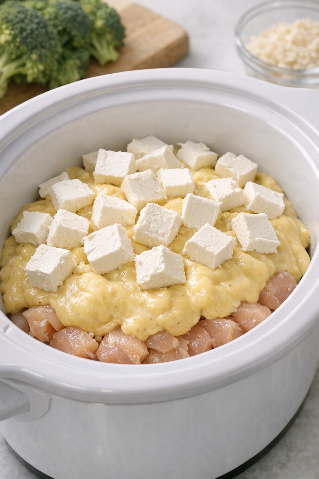 Soup and cream cheese layered over chicken in the slow cooker