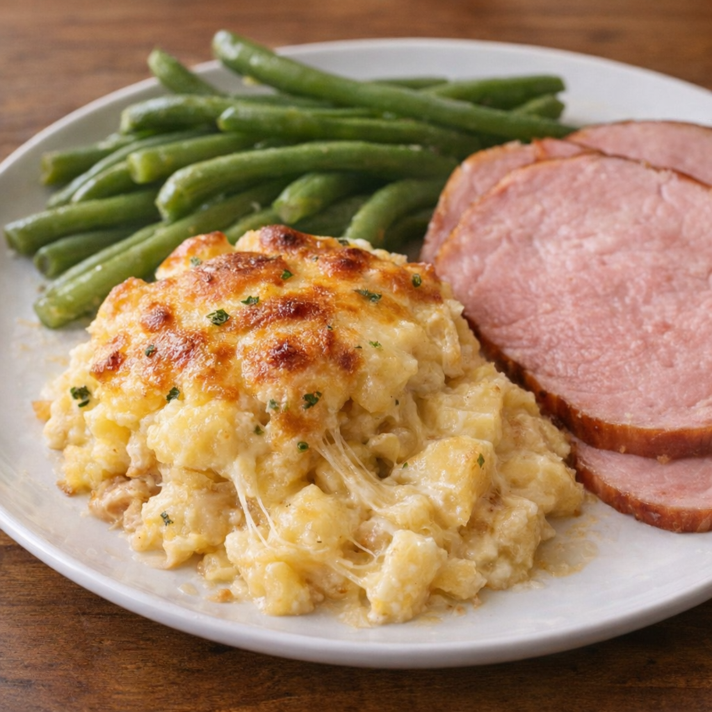 Plated cheesy potatoes with family-friendly side dishes