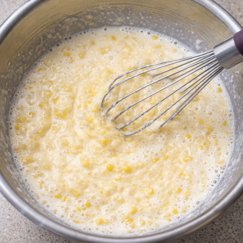 Cream-style corn and milk being whisked in a bowl