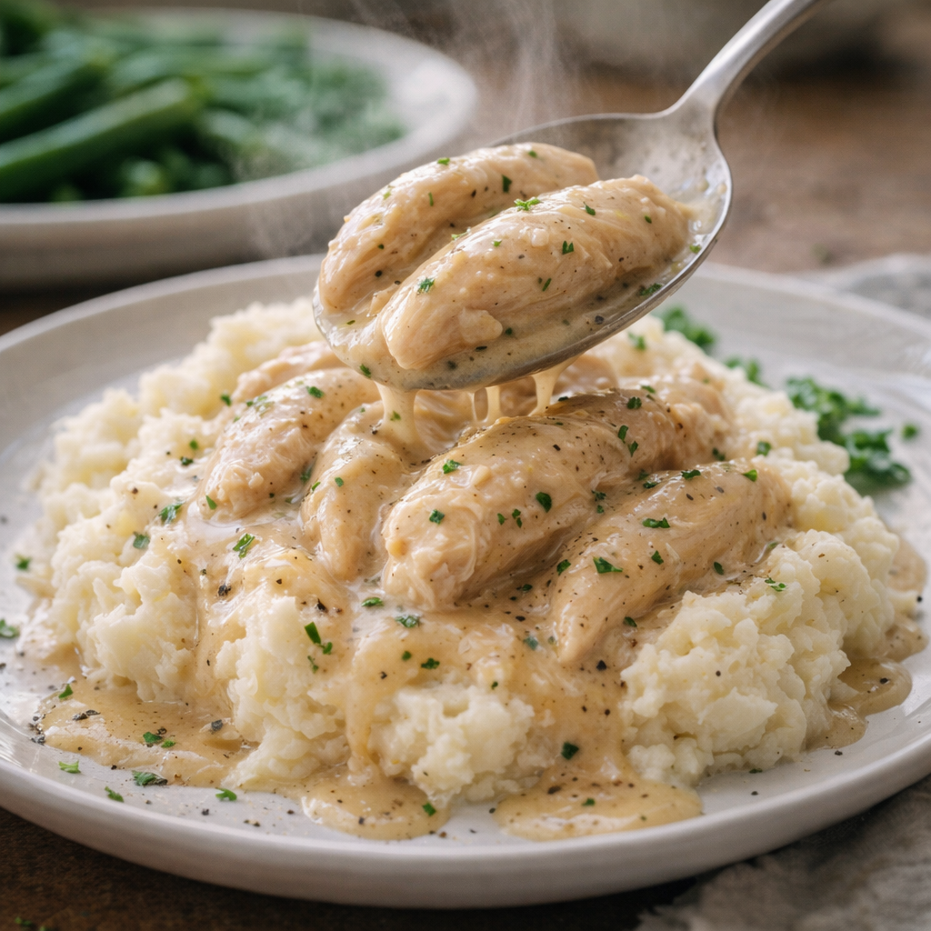 Tender slow cooker chicken being spooned over mashed potatoes