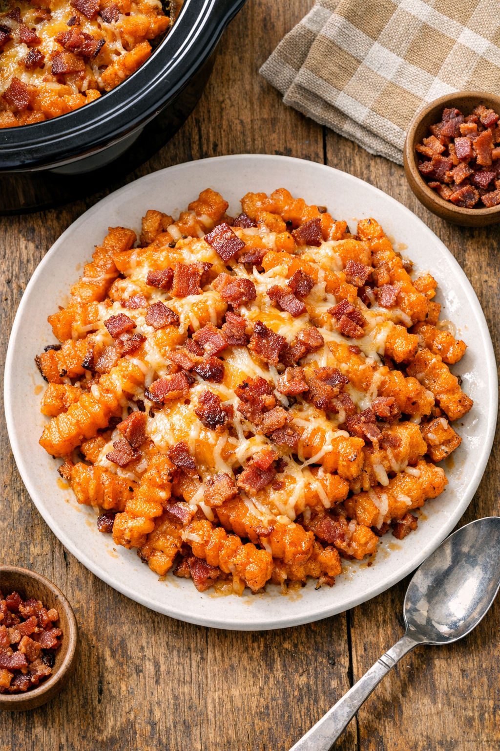 Finished sweet potato fry casserole in a slow cooker