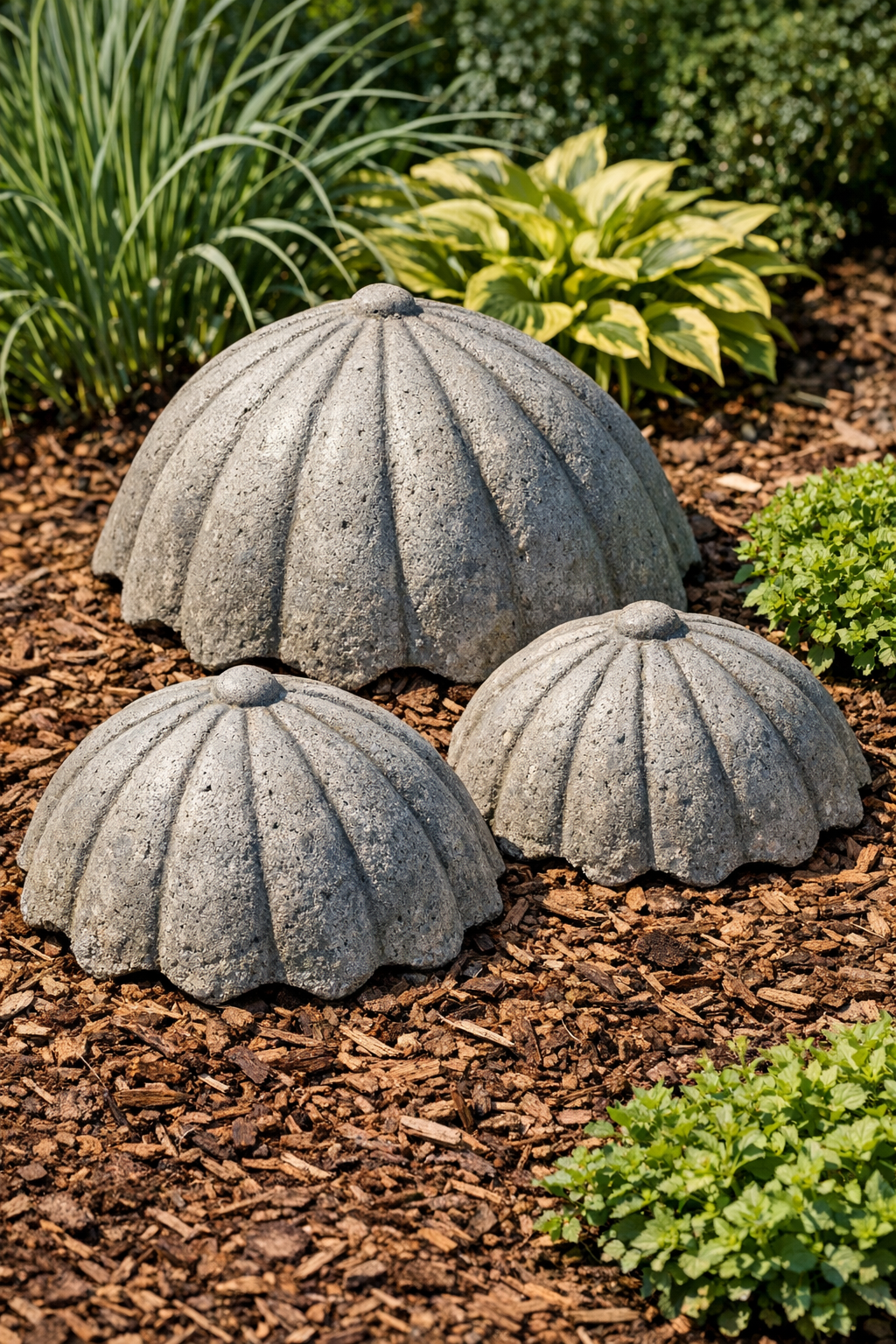 Finished heavy scalloped cement garden domes made from nylon umbrellas