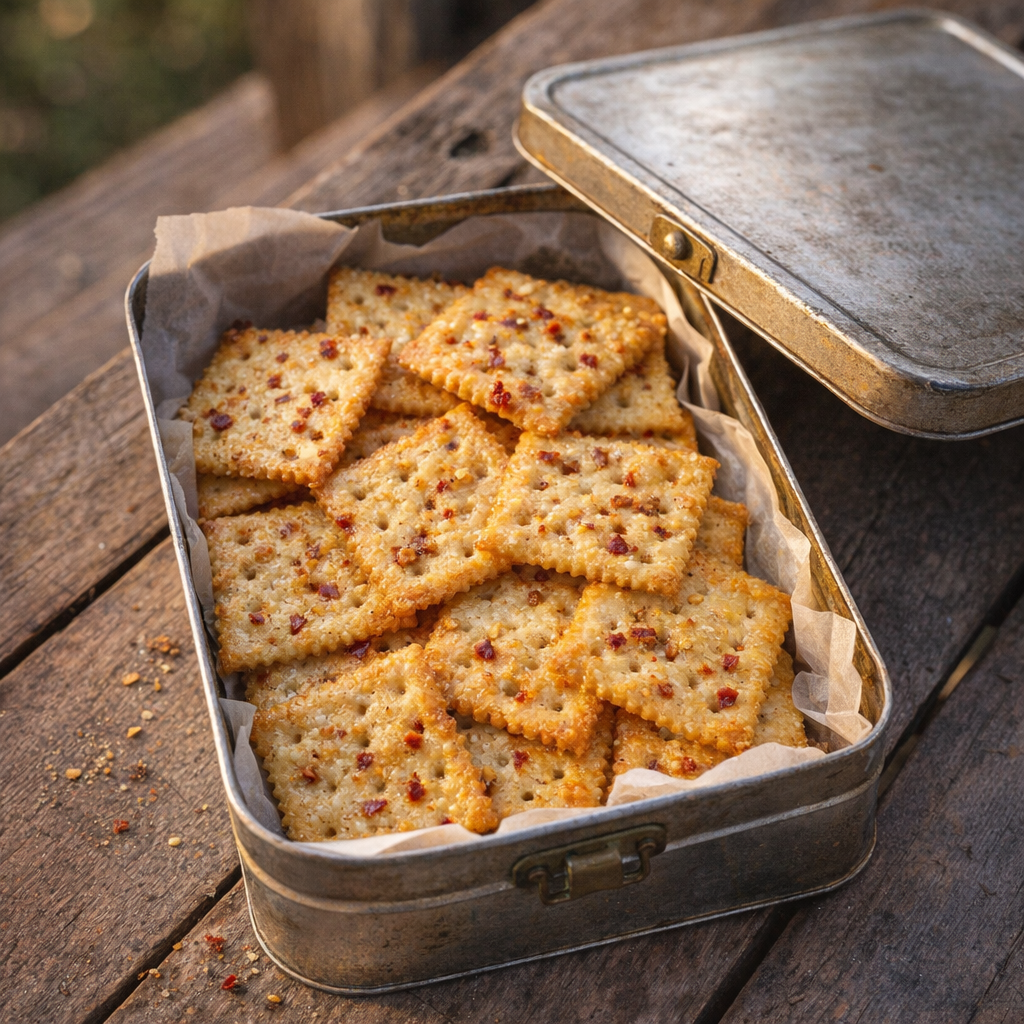 Spicy saltines stored in a tin for sharing later
