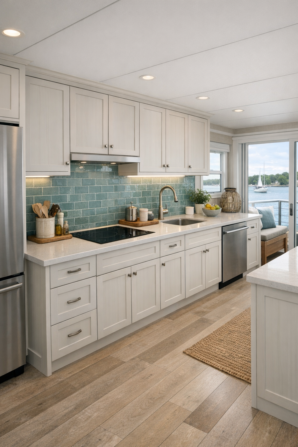 Accessible coastal kitchen with shaker cabinets, quartz counters, and sea-glass tile backsplash