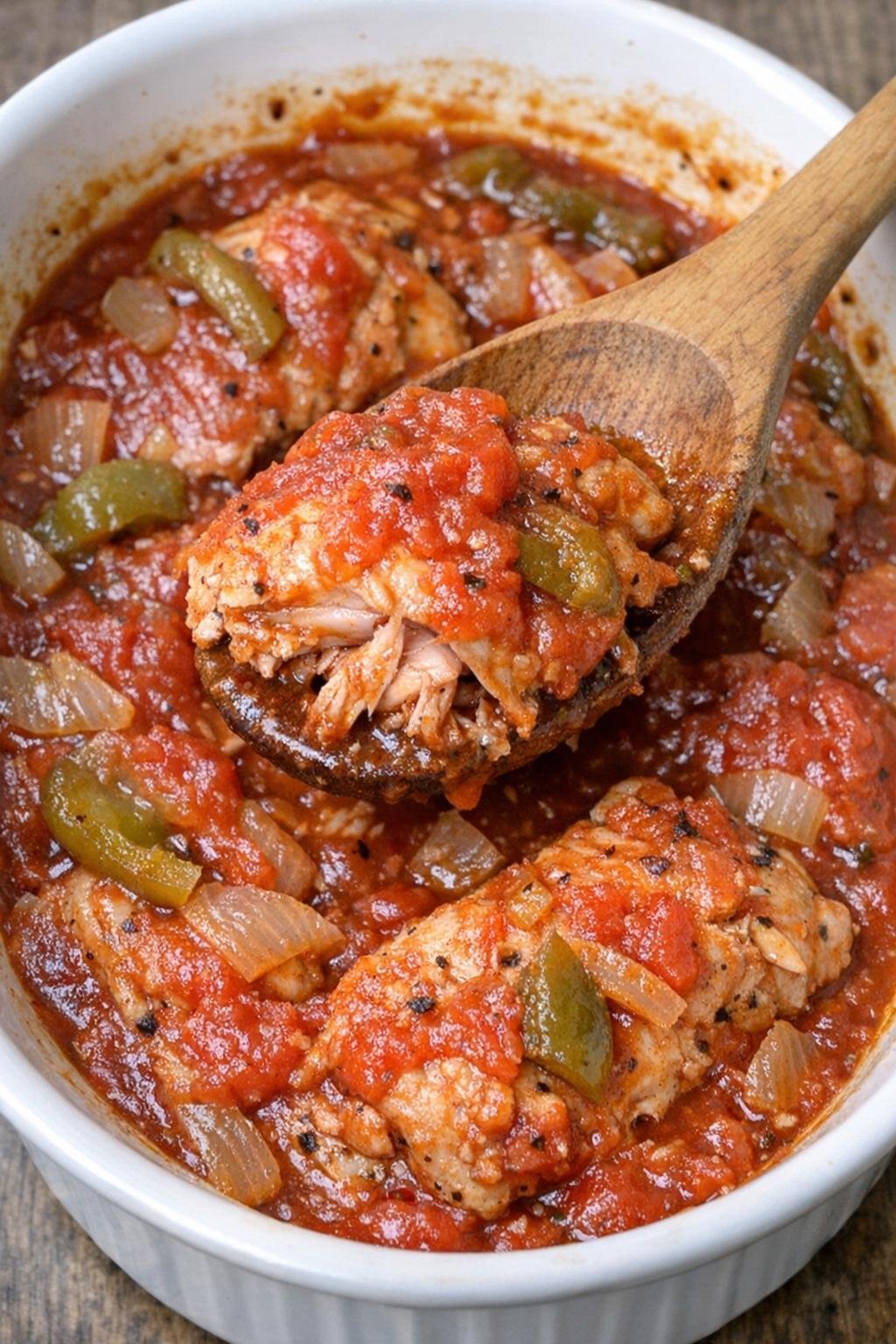 Chicken cacciatore casserole in a white oval dish