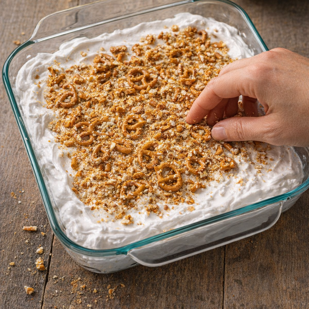 Pretzels pressed into marshmallow fluff in a square baking dish