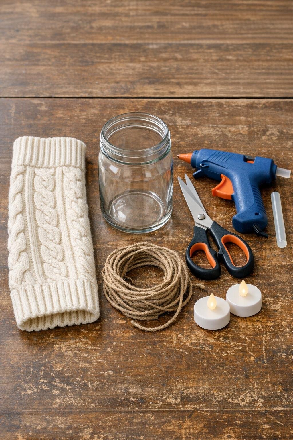 Materials for making sweater-covered jar candle holders laid out on a table