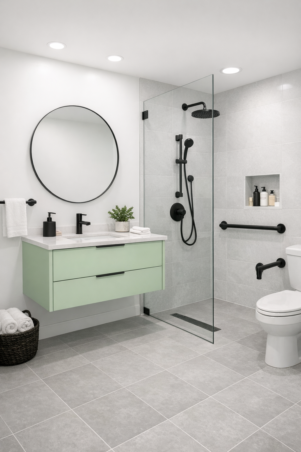 Accessible tiny home bathroom with curbless shower and honeydew vanity