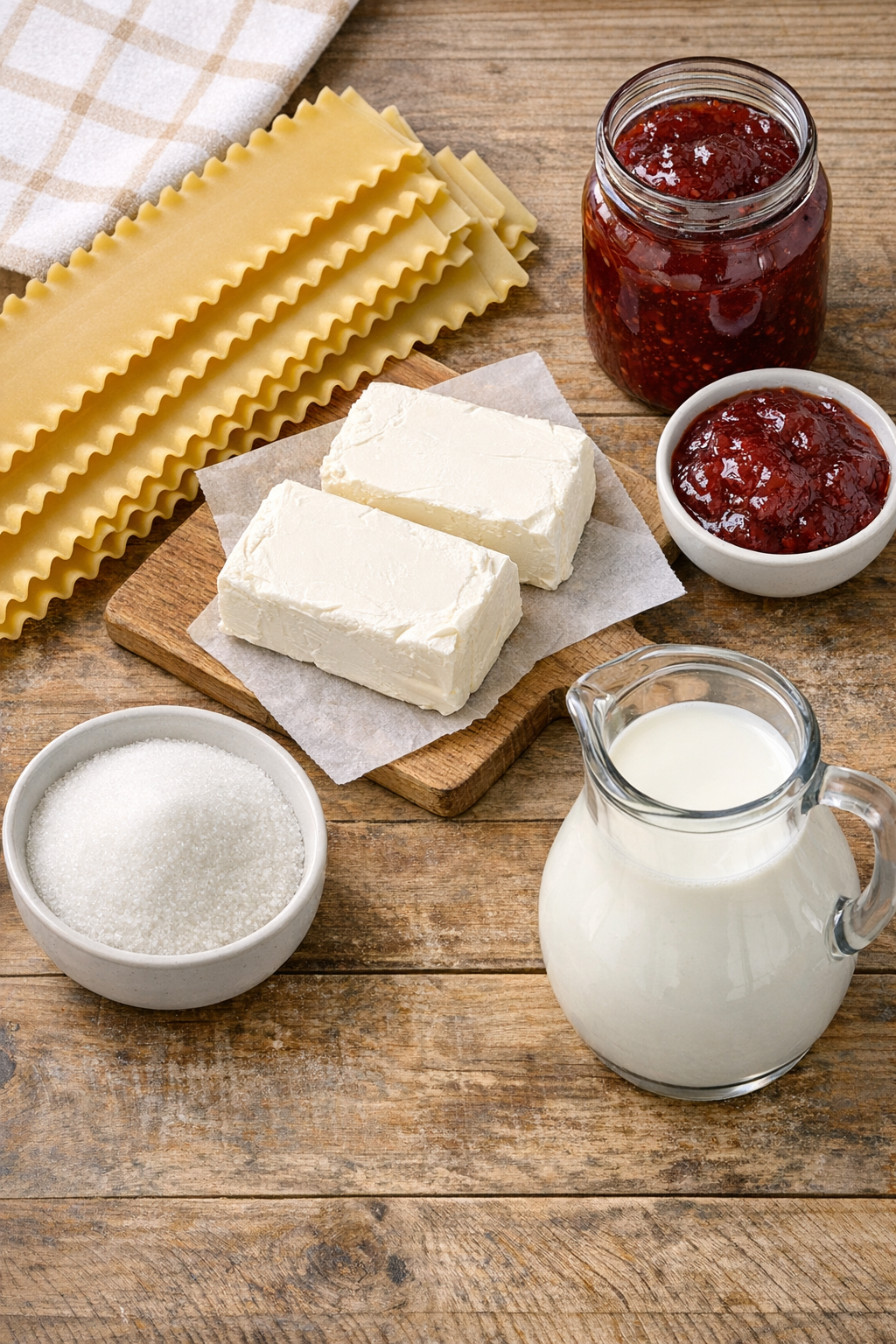 Lasagna noodles, cream cheese, sugar, jam, and milk