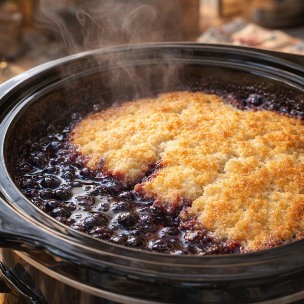 Berry bake cooking with golden crust in slow cooker