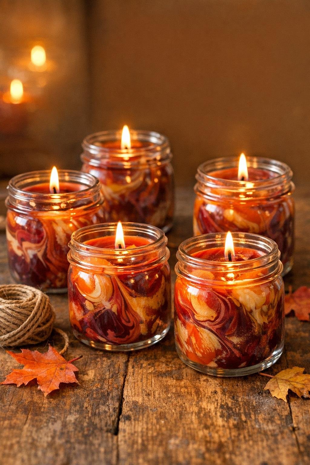 Finished marbled wax votives displayed on a rustic table