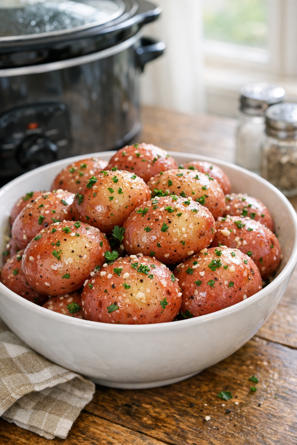 Finished slow cooker red potatoes in a serving bowl