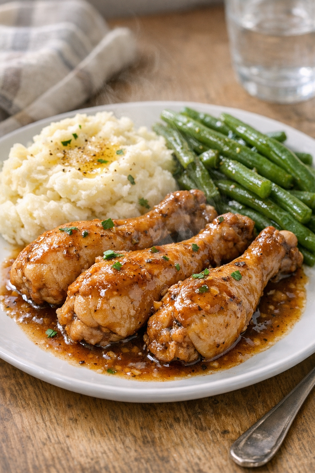 Finished slow cooker chicken drumsticks plated with sauce