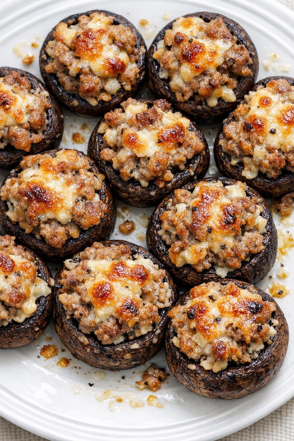 Baked sausage stuffed mushrooms on a white ceramic plate