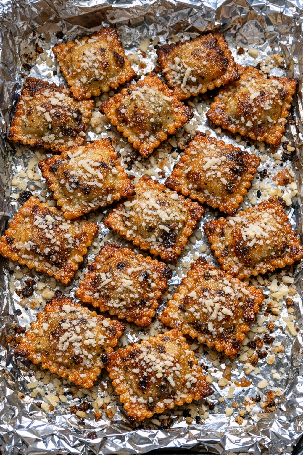 Crispy baked beef ravioli bites with Parmesan on a foil-lined baking sheet