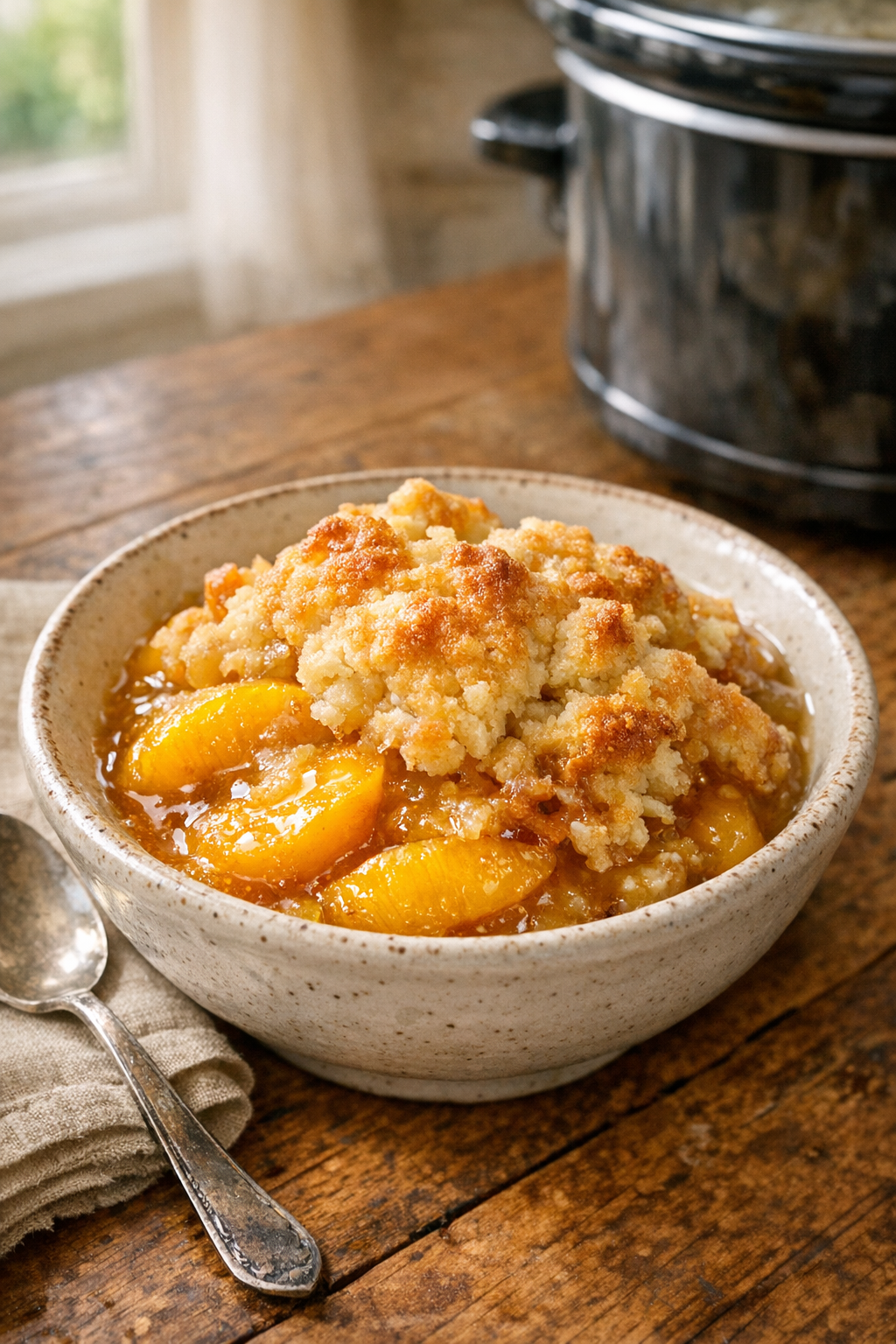 Finished peach cobbler in a serving dish